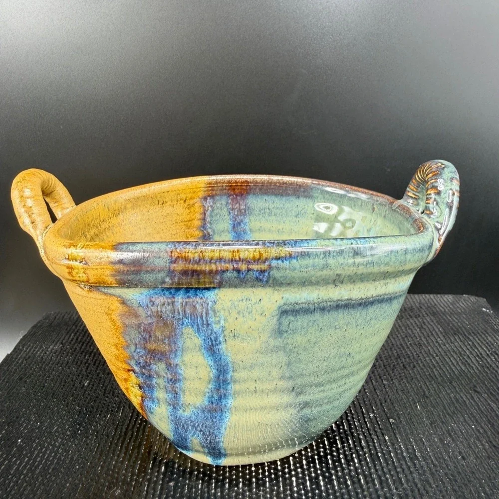 Barbara G Childs Studio Pottery Handled Bowl Dish‎ Ochre Drip Glaze Signed
